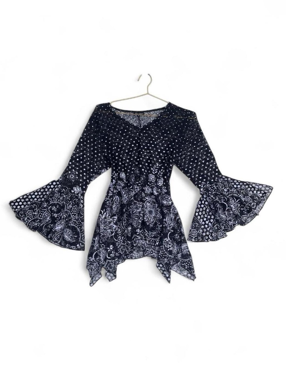 Dor Dor Couture Y2K Black White Lace Bell Sleeve Whimsigoth Blouse XL